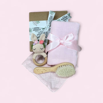 Aussie Snuggles Tiny treasure- Crochet toy, muslin swaddle, bib, hairbrush, hello world